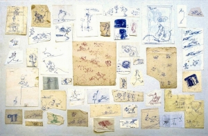 S/T. Recortes de dibujos y anotaciones sobre cartón-pluma 70 x100 cm. Colección particular.