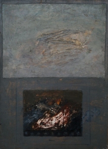 Paisaje en dos tiempos (1967). Óleo sobre tabla 39 x 29 cm. Colección particular.
